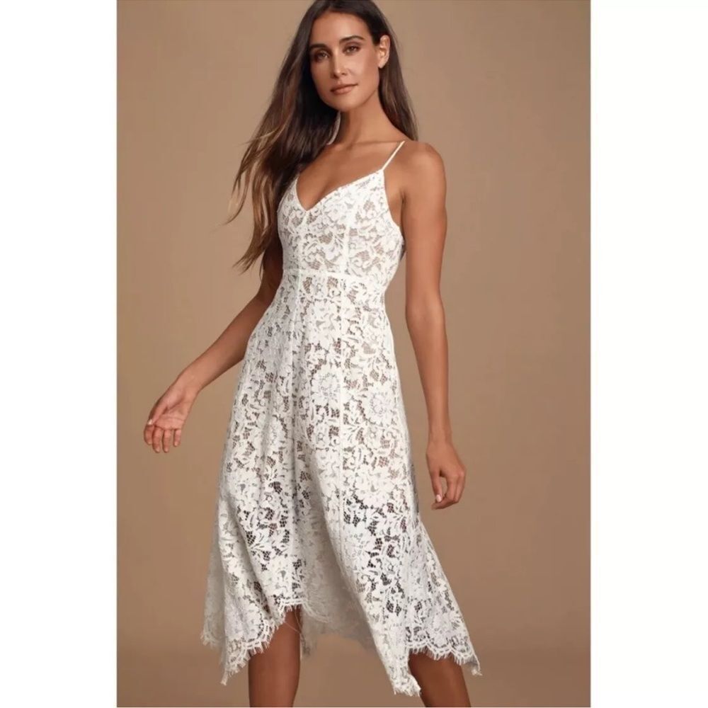 Lulus White Lace Over Nude Dress with Asymmetrical Skirt